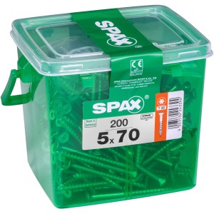 Viti universali Spax 5x70 mm, 200 pezzi in contenitore verde.