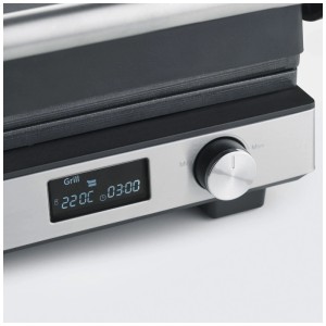 Severin KG2380 grill a contatto, acciaio inox/nero-argento, dettaglio del pannello di controllo con display della temperatura.