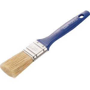 Pennello piatto LUX per vernici, larghezza 30 mm, con manico in plastica blu e foro per appendere.