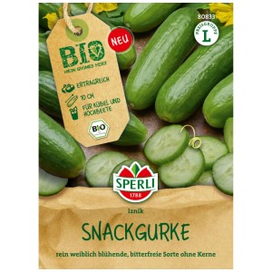 Sachet de graines de concombre à grignoter bio Sperli Iznik F1 avec concombres et infos culture.