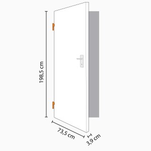 Disegno tecnico di una porta interna bianca (73,5x198,5 cm) con battuta a sinistra e dimensioni.
