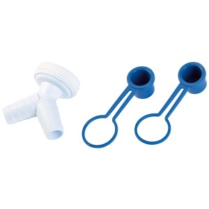 Double raccord blanc 47,8 mm avec deux bouchons bleus pour siphon.