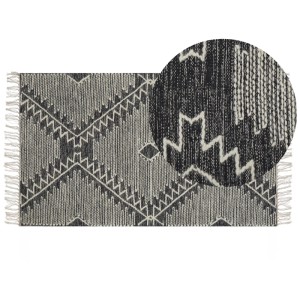 Tapis en coton noir Arbaa (80x150 cm) avec motif bohème géométrique. Tapis à poils courts pour salon.