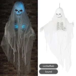 Fantasma LED da appendere, decorazione Halloween con occhi blu, 110x140cm.