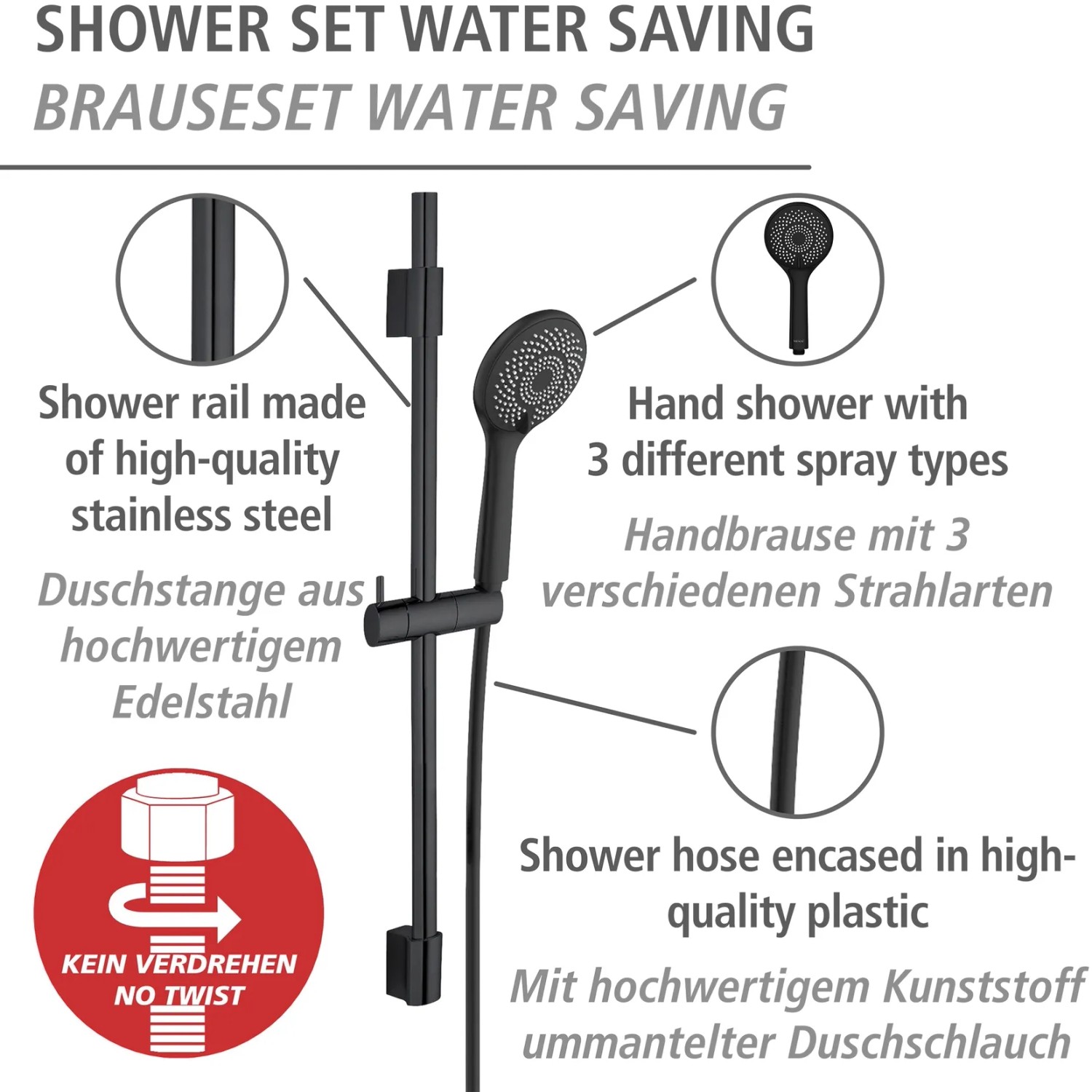 Wenko Brause-Set Watersaving Edelstahl / Kunststoff Schwarz