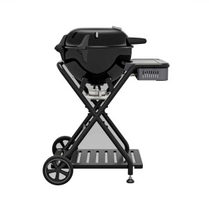 Barbecue a gas Outdoorchef Ambri 480 G Evo nero con imbuto e ripiano laterale.