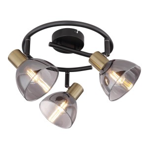 Globo Deckenstrahler Jay, 3-flammig, schwarz/bronzefarben mit Rauchglas-Schirmen. LED-Spot für Wohnräume.