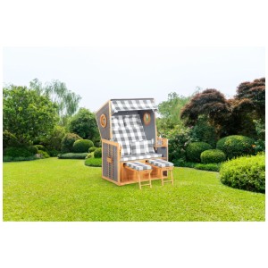 Nouvel Strandkorb Wismar avec hublot, bois et résine tressée grise dans le jardin.