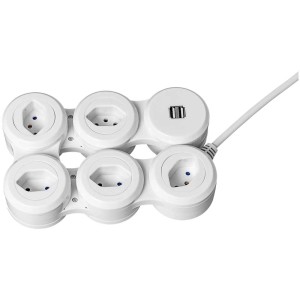 Multiprise Steffen Snake avec 5 prises T13, 2 ports USB et câble de 2 m.