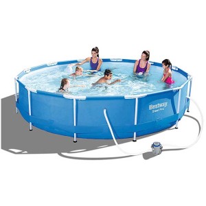 Bestway Pool-Set Steel Pro Frame, piscina rotonda con struttura in acciaio, bagnanti e pompa filtro.