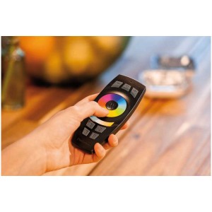 Schwarze Paulmann SmartHome Fernbedienung mit Farbrad und Wandhalterung in Hand.