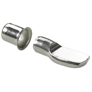 Supporto per ripiano a cucchiaio nichelato con manicotto a pressione per ripiani. Accessori per mobili.