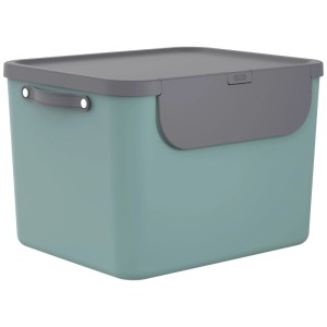 Rotho Albula Recycling Mülleimer, 55L, Mistletoe Green, mit grauem Deckel und Griffen.