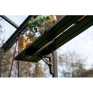Étagère à lamelles pliante noire avec plantes dans une serre. Accessoire de serre pour plus de flexibilité.