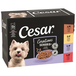 Cesar cibo umido per cani Senior 8+ multipack, 12x 100g, tacchino, pollo, agnello, manzo in gelatina. Scatola nera.