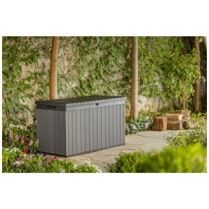 Coffre de jardin Keter Darwin gris (570 l) aspect bois. Coffre de rangement pour jardin, terrasse et balcon.