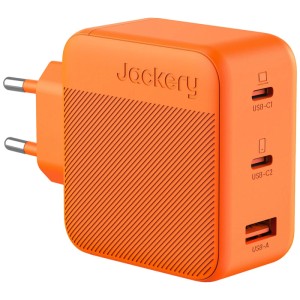 Caricatore Jackery GaN a 3 porte arancione con porte USB-C e USB-A per sistemi solari.