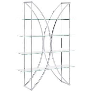 Bibliothèque Beliani Hollow en acier inoxydable argenté avec 4 étagères en verre, design arqué style glamour.