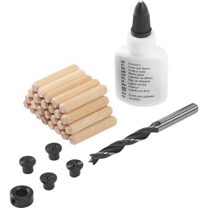 Kit de tourillons LUX-TOOLS Ø 8 mm : 32 pièces avec tourillons bois, colle à bois, foret hélicoïdal et centreurs.