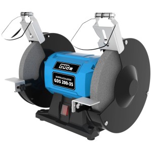 Meuleuse double GDS 200-35 avec meule à gros et grains fins, protection anti-étincelles et supports réglables.
