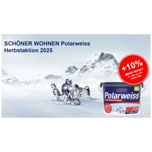 Pittura per interni Schöner Wohnen Polarweiss, secchio da 11L davanti a paesaggio invernale con husky.