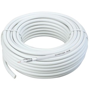 Aufgerolltes, weißes Schwaiger Koaxialkabel 90 dB, 30 m für Antennen- und Kabelfernsehen.