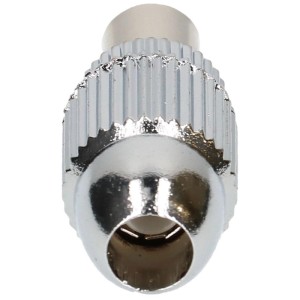 Connecteur d'antenne Schwaiger métallique brillant avec surface moletée pour câbles coaxiaux et prises d'antenne.