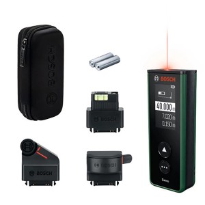 Bosch Zamo Laser-Entfernungsmesser-Set 40m, grünes Messgerät mit rotem Laser, Adaptern, Akkus, Tasche.