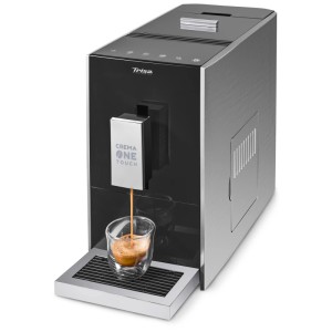 Macchina da caffè Trisa Crema One Touch argento/nero che prepara l'espresso.