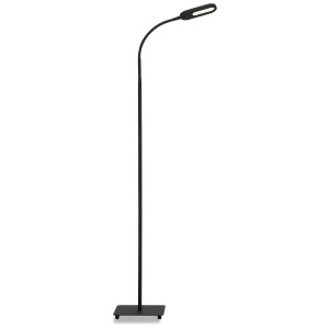 Lampadaire LED Brilo noir en métal et plastique, hauteur 128 cm, avec tête flexible.