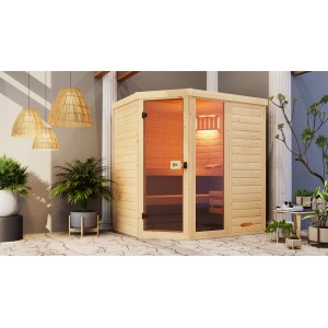 Sauna Weka Laukkala 2 en éléments, ensemble avec poêle et éclairage, épicéa naturel avec porte en verre.
