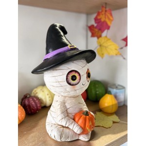 Figurine décorative LED d'Halloween momie avec chapeau de sorcière et citrouille, hauteur 40,5 cm.