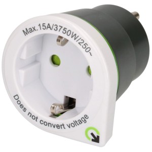 Weiß-schwarzer Reiseadapter Europe - USA, 125 V, für Reisen in den USA.