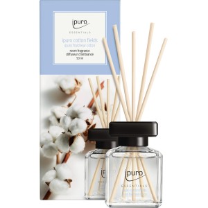 ipuro Essentials Cotton Fields 50ml parfum d'ambiance avec bâtonnets parfumés et emballage.