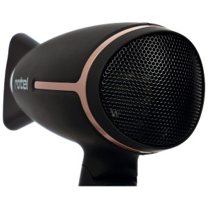 Sèche-cheveux de voyage Rotel noir, 1800 W, avec poignée pliable et détails or rose.