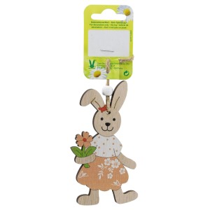 Decorazione pasquale: coniglietta in legno con fiore, 11 cm, naturale-arancio.