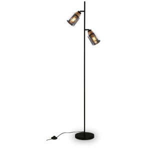 Lampadaire noir Briloner avec deux spots en verre fumé et détails en bois. Lampadaire design.