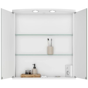 Armoire de toilette ouverte Jokey Ampado 60 avec étagères en verre, prise et accessoires de salle de bain.