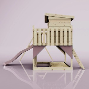 Torre gioco PolarPlay Tjorven con altalena, scivolo e scala in legno non trattato, accenti rosa antico.