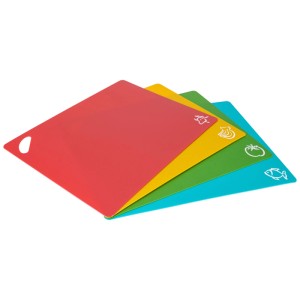 Nouvel Schneidebretter Set, 4 flexible Kunststoffbretter in Rot, Gelb, Grün und Blau.