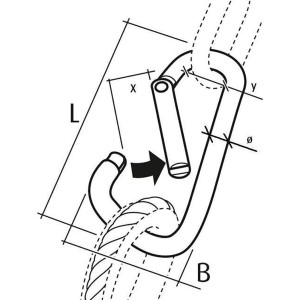 Technische Zeichnung Conacord Karabinerhaken Aluminium 8x80mm. Maße L, B, Ø und Seilbefestigung dargestellt.