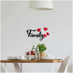 Wandsticker Family mit 3D-Effekt, Schriftzug und Herzen, Wandtattoo für Wohnraum.