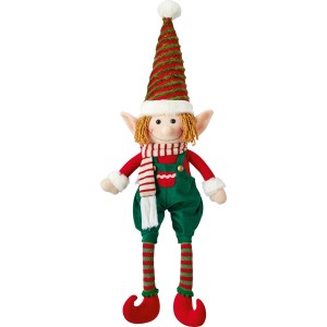 Décoration de Noël OBI elfe garçon, 42 cm, polyester. Figurine multicolore avec bonnet rouge, salopette verte et écharpe.