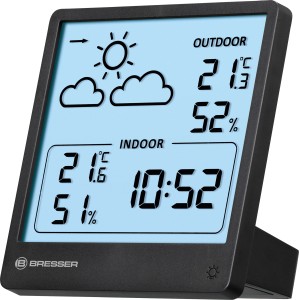 Station météo sans fil Bresser Slim avec affichage des tendances : données météo intérieures/extérieures sur l'écran.