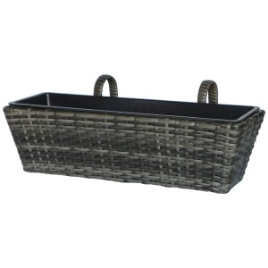 Jardinière rectangulaire en polyrotin gris anthracite avec support pour balcon ou terrasse.