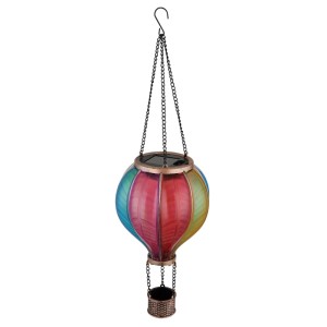 Globo lampe solaire décorative, design montgolfière, métal noir mat, abat-jour coloré, pour jardin et terrasse.