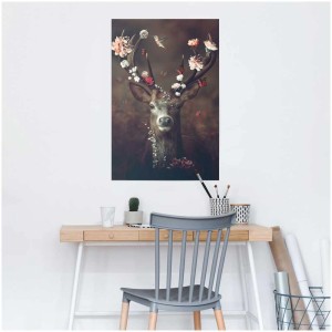 Maxiposter Fauna Flora Deer, 61x91,5 cm: Hirsch mit Blumen und Schmetterlingen auf dem Geweih.