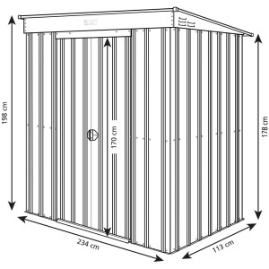 Casetta da giardino in metallo antracite 8x4, dimensioni 178x234x113 cm, con porta scorrevole e dimensioni.