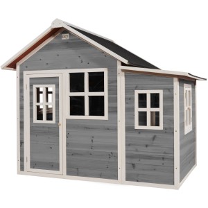 Cabane en bois grise EXIT Loft 150 avec extension, porte et fenêtres.