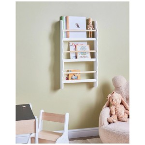 Étagère murale enfant Beliani Rigolet blanche en pin et MDF, 3 niveaux, côtés incurvés, dans une chambre d'enfant.